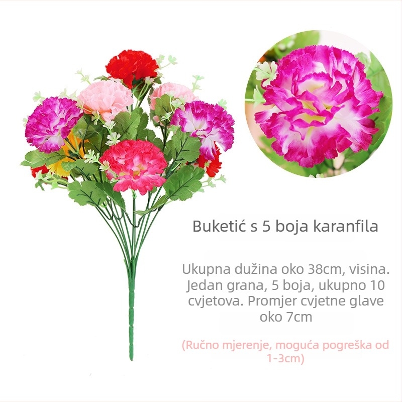 Ručni buket umjetnih karanfila, plastičnim i svilenim cvjetovima; materijali: plastika i svila; postupci: stiliziranje, reljef, injekcijsko oblikovanje; oblik proizvoda: buket; svrha: dekoracija, rekviziti za fotografiju, kućna dekoracija
