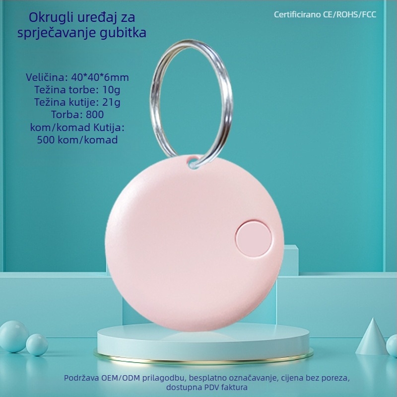 Okrugli Bluetooth tracker za izgubljene predmete za ključeve, telefon, torbu i kućne ljubimce — kompatibilan s Androidom i iOS-om, domet 15 m, baterija 210 mAh, ABS, uključuje traku za nošenje, dvostruko traženje i alarm