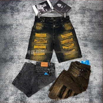 Muške kratke hlače od traperica s printom i poderotinama, denim materijal, duljina 5/4, ljetni hip-hop stil