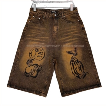 Muške kratke hlače od traperica s printom i poderotinama, denim materijal, duljina 5/4, ljetni hip-hop stil