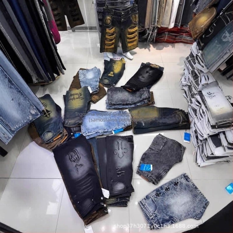 Muške kratke hlače od traperica s printom i poderotinama, denim materijal, duljina 5/4, ljetni hip-hop stil