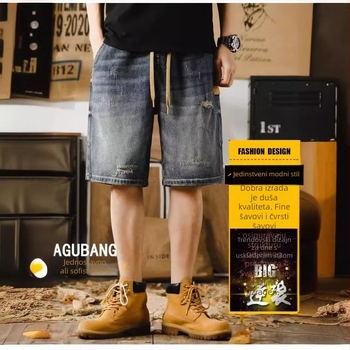 Muške traper šorte, labav kroj, poderani detalji, retro američki stil, Five-Point Length