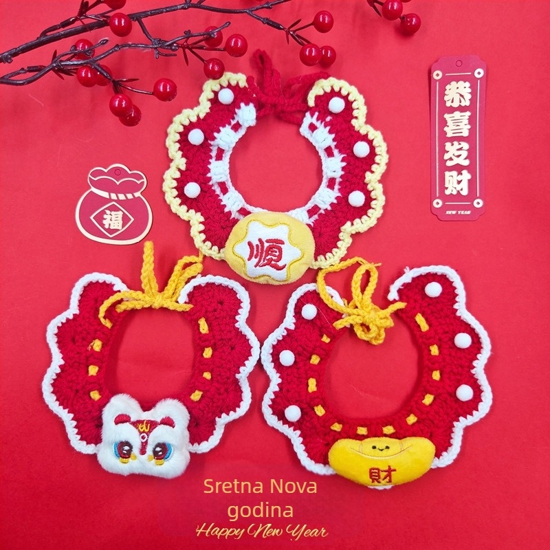 Ogrlica-šal za kućne ljubimce – mačke i psi – karikatura uzorak, ručno kukičano, akrilni materijal, četiri sezone, izvezeni detalji