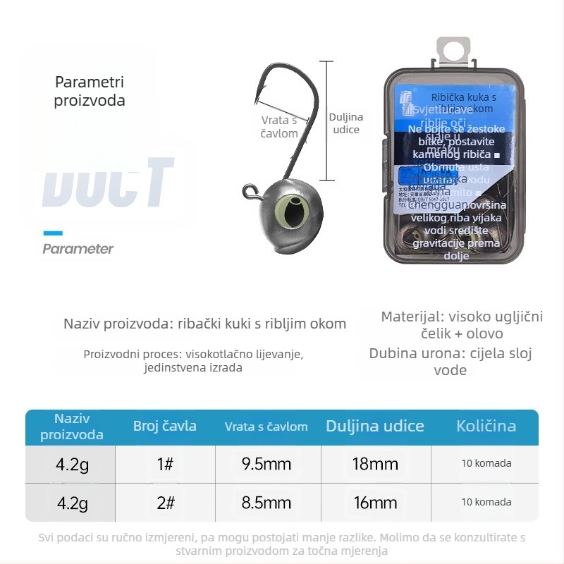 Kuka s olovnom glavom, svjetlećim okom ribe, šiljak, za ribolov na jezero