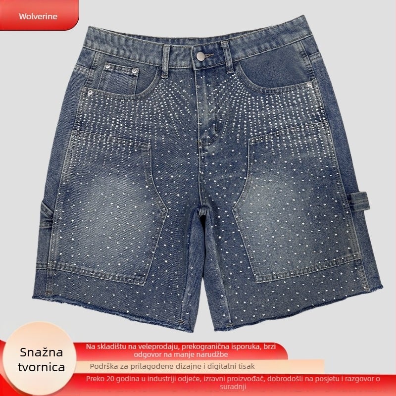Muške traper kratke hlače - isprano, distressed, Rhinestone Hotfix, ravni kroj, pet inča duljina, Wolverine