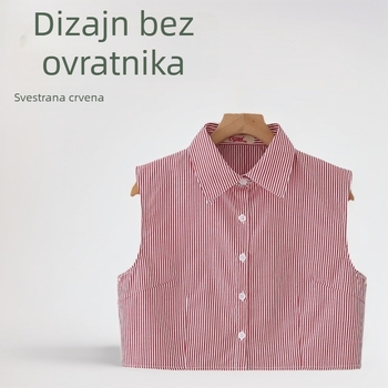 Prugasti pleteni top s dekorativnim lažnim ovratnikom • pamuk • za odrasle • Proljeće 2023 • Spot