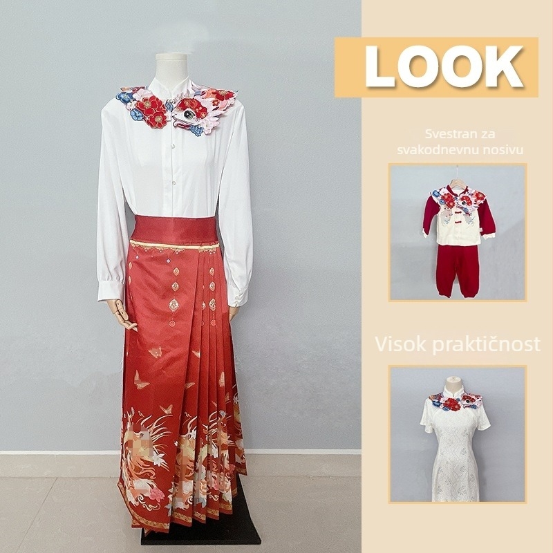 Hanfu lažni ovratnik s oblacnim ramenima za djecu | poliesterska vlakna, organza podstava, izvezeni uzorak, novi kineski stil