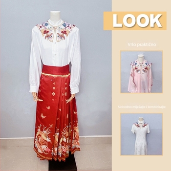 Hanfu set za maturu: haljina s oblačnim ramenima, šal i Mamian suknja, teški vez, koi uzorak s oblacima i cvijećem, poliester tkanina s organza podstavom, ogrlica od perli, stil: novi kineski/antički.