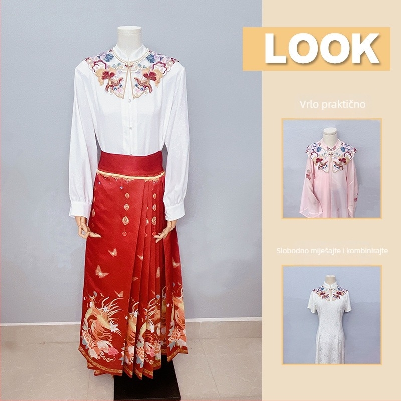 Hanfu set za maturu: haljina s oblačnim ramenima, šal i Mamian suknja, teški vez, koi uzorak s oblacima i cvijećem, poliester tkanina s organza podstavom, ogrlica od perli, stil: novi kineski/antički.