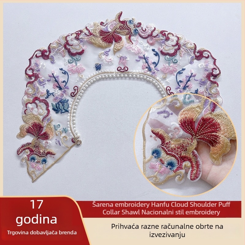 Hanfu set za maturu: haljina s oblačnim ramenima, šal i Mamian suknja, teški vez, koi uzorak s oblacima i cvijećem, poliester tkanina s organza podstavom, ogrlica od perli, stil: novi kineski/antički.