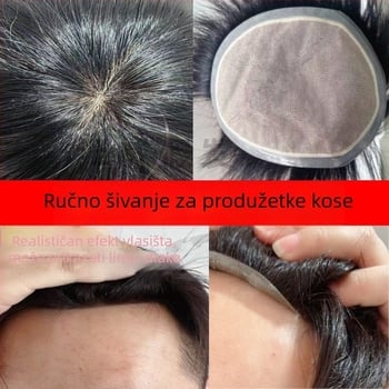 Muška perika, potpuno ručno pletena, prava kosa, kratka duljina, nije za bojanje ili uvijanje, dizajnirana za prekrivanje sijedih i dodavanje volumena.