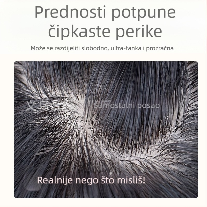 A Beauty Muška perika od pravih ljudskih vlasi, ručno tkanja, prozračna baza, kratka duljina, može se bojati i kovrčati, prekriva sijedu kosu