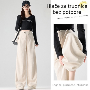 Hlače za trudnice, slobodan kroj s podrškom trbuha (materijal pamuk-poliester; srednja debljina; mikroelastičnost; pune duljine)