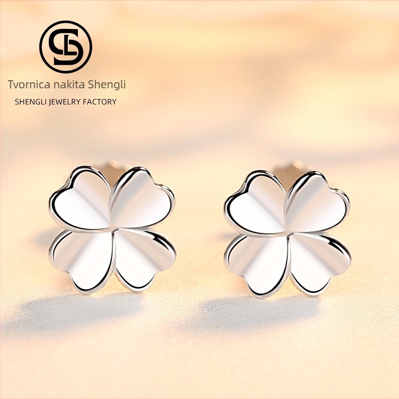 Naušnice s četverolisnom djetelinom, ručno izrađeno srebro, 99% čisto srebro, hipoalergijski, motiv lista, inspirirano Japanom i Korejom