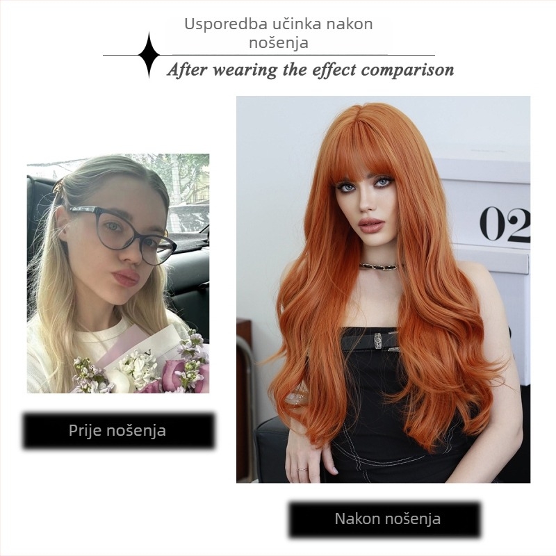 Duga valovita perika za žene s pravim šiškama, vlakna otporna na visoku temperaturu, može se bojiti ili peglati, pogodna za zabave, cosplay i Lolita