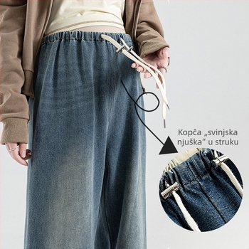 Traperice za trudnice od denima – visoki, slobodan kroj, s vezanjem, produžena duljina (Denim, pamuk 70–80%, nije elastično, proljeće 2024)