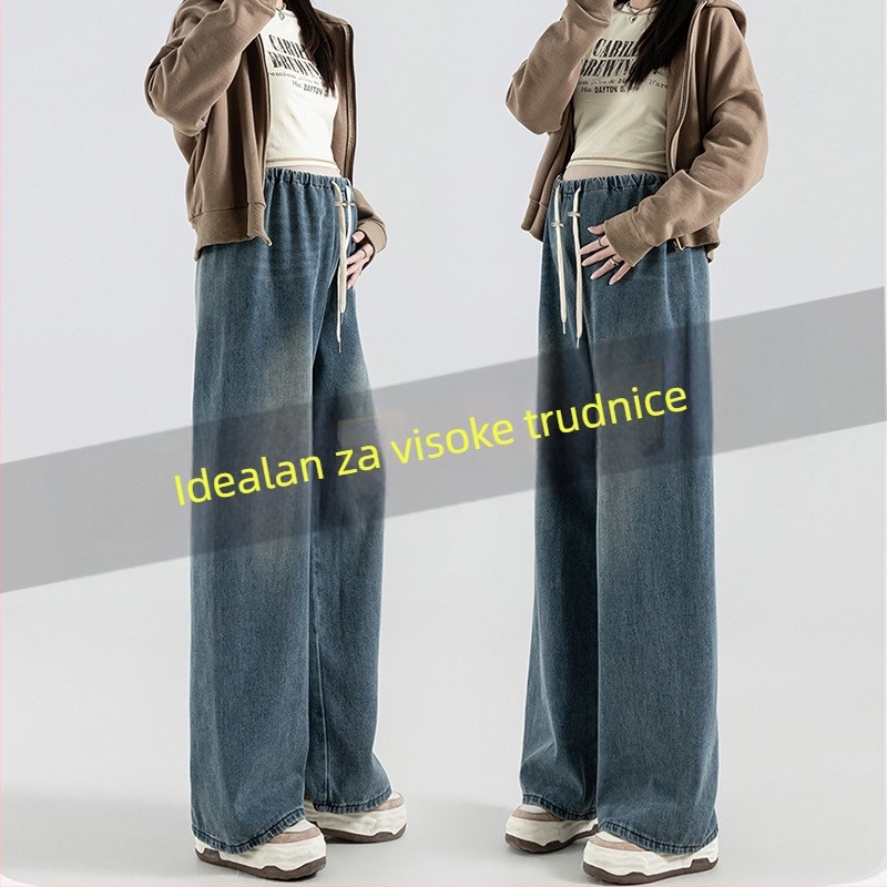 Traperice za trudnice od denima – visoki, slobodan kroj, s vezanjem, produžena duljina (Denim, pamuk 70–80%, nije elastično, proljeće 2024)