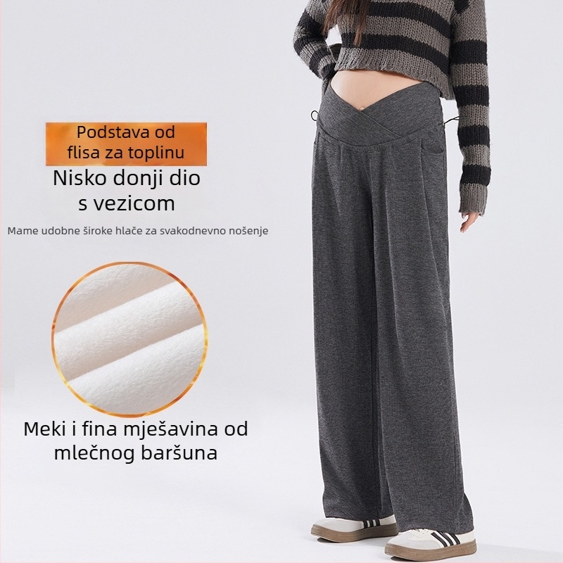 Trudničke široke hlače s flis podstavom, pojas za podršku i vezicu, ovčji velur tkanina, poliesterska smjesa, jesen-zima toplina