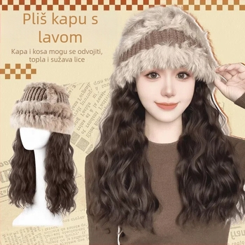 Integrirana kapa‑peruka s odvojivim dijelom, kosa od visokotemperaturne žice, duga kovrčava kosa s bangs, pletena pliš kapa, prirodan stil, model XW014, za žene.