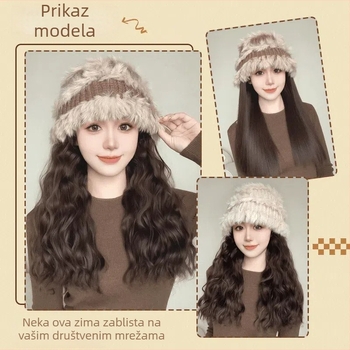 Integrirana kapa‑peruka s odvojivim dijelom, kosa od visokotemperaturne žice, duga kovrčava kosa s bangs, pletena pliš kapa, prirodan stil, model XW014, za žene.