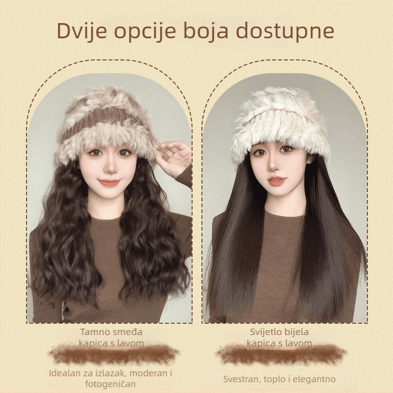 Integrirana kapa‑peruka s odvojivim dijelom, kosa od visokotemperaturne žice, duga kovrčava kosa s bangs, pletena pliš kapa, prirodan stil, model XW014, za žene.