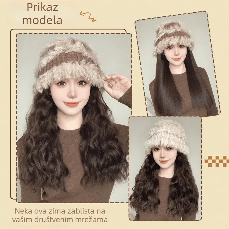 Integrirana kapa‑peruka s odvojivim dijelom, kosa od visokotemperaturne žice, duga kovrčava kosa s bangs, pletena pliš kapa, prirodan stil, model XW014, za žene.
