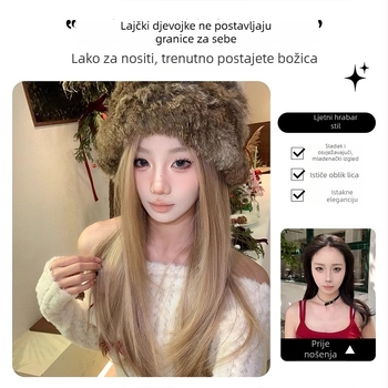 Korejskog stila perika s čipkastim prednjim dijelom, duga ravna kosa, dijagonalne šiške, prirodan izgled, vlakna otporna na toplinu