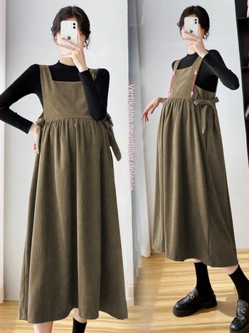 Set haljina za trudnice od korduroja, midi haljina s dugim rukavima, japansko-korejski casual stil, mješavina pamuka i elastana