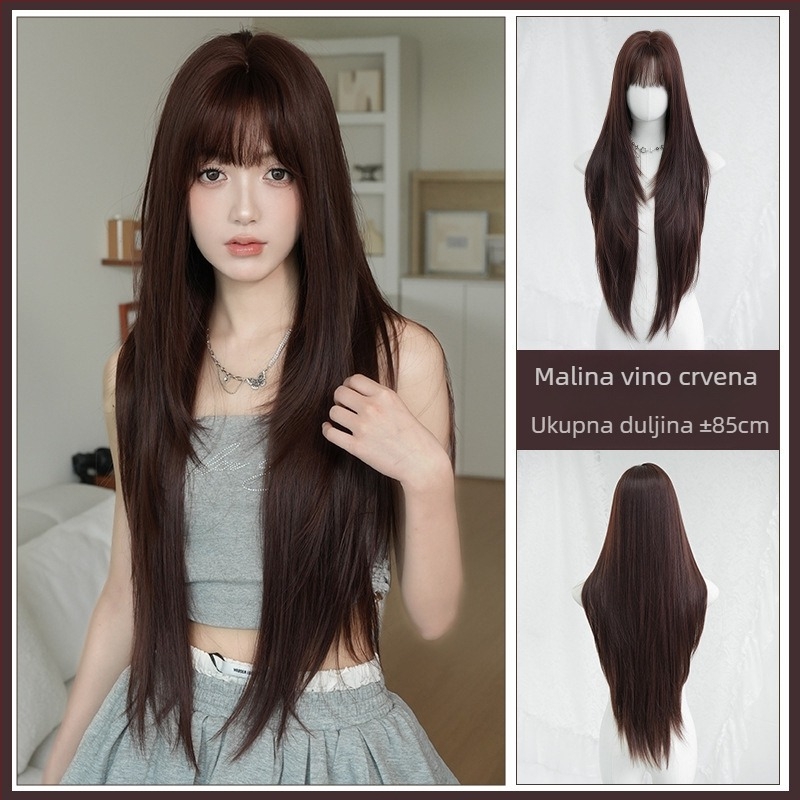Duga ravna perika od vlakna otpornih na toplinu, udobna i prozračna, pramenovi na čelu (bangs) ravni ili nagnuti, model C-0472, Queen of Seventh Street, zvjezdani modni stil
