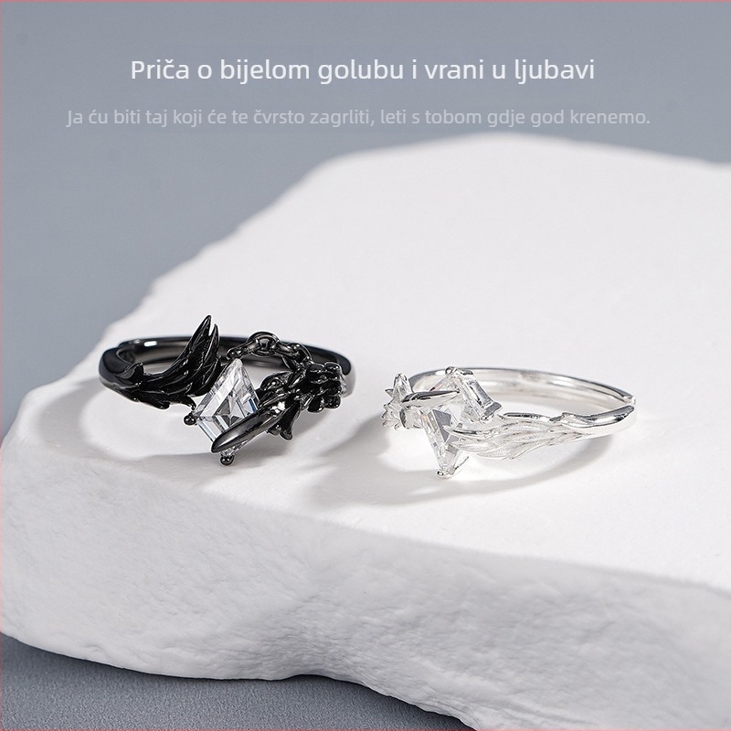 Prsten za parove od srebra 925, dizajn s krilima ptica, elektroplatiniranje, Tichia