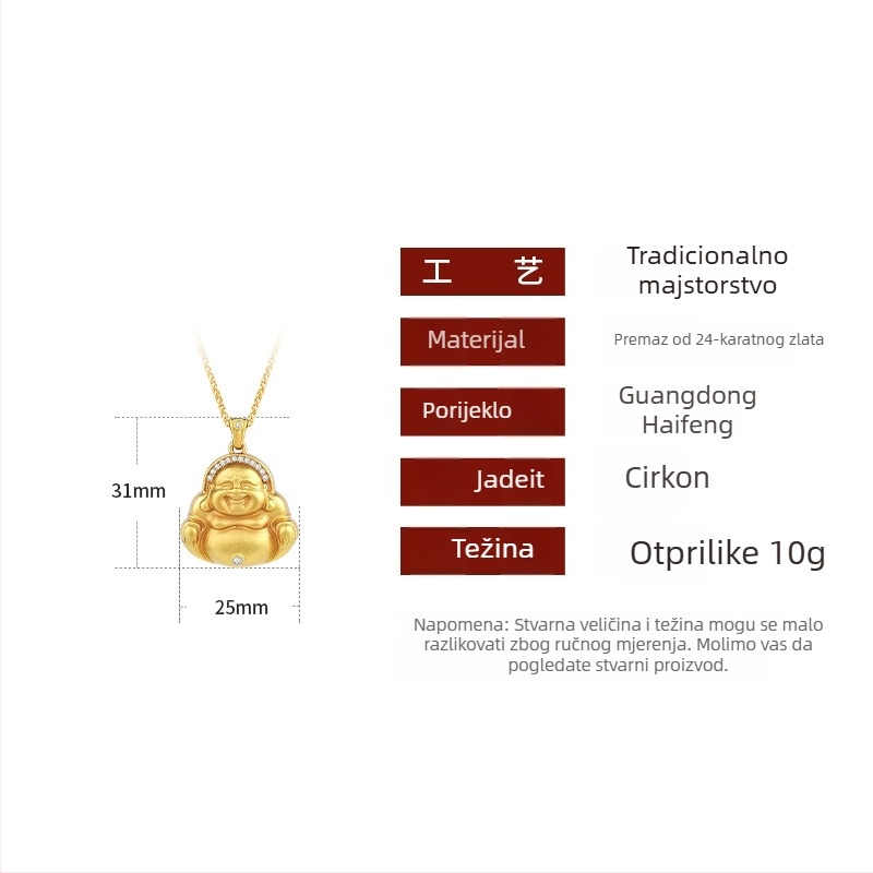 Ogrlica od pozlaćenog mesinga s privjeskom Maitreja Buda na lančiću tipa Chopard, drevna tehnika, duljina 41-50 cm