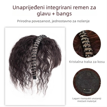 Ženska perika s kristalnim trakom na tjemenu, s integriranom šiškom i spiralnim kovrčama, žica otporna na visoke temperature, bez bojenja ili trajne, pokriva sijedu kosu i dodaje volumen