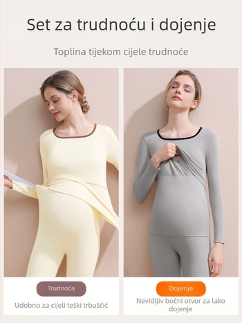 Trudnički termalni komplet s flisom za zimu — uski kroj, kapuljača, dugi rukavi, V-izrez, gornji dio i donji dio, smjesa poliestera i spandexa