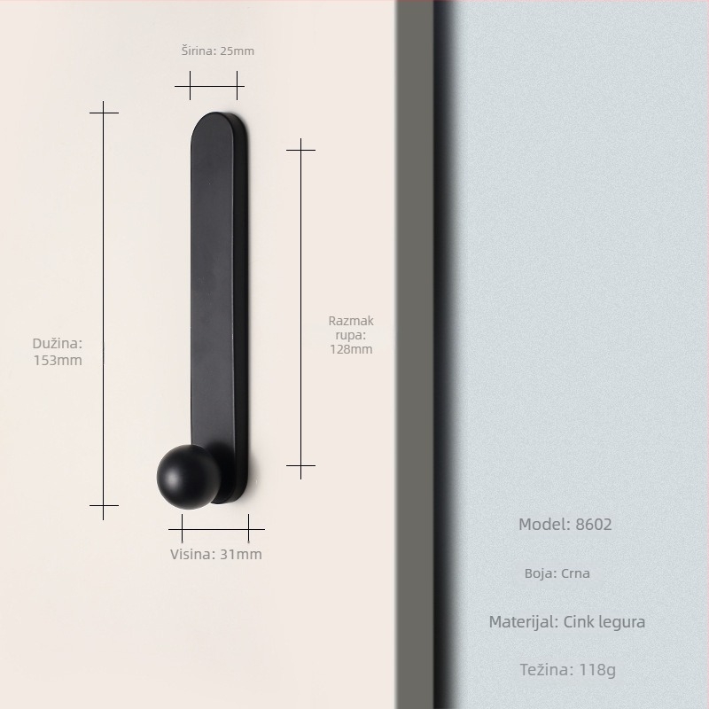 Drška za vrata ormarića i ladice, cinkova legura, model 8602, moderni minimalistički stil