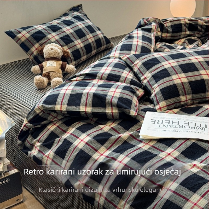 Komplet posteljine od 100% pamuka, četverodijelni set, kvadratni uzorak, bojenje vlaknima, perivo