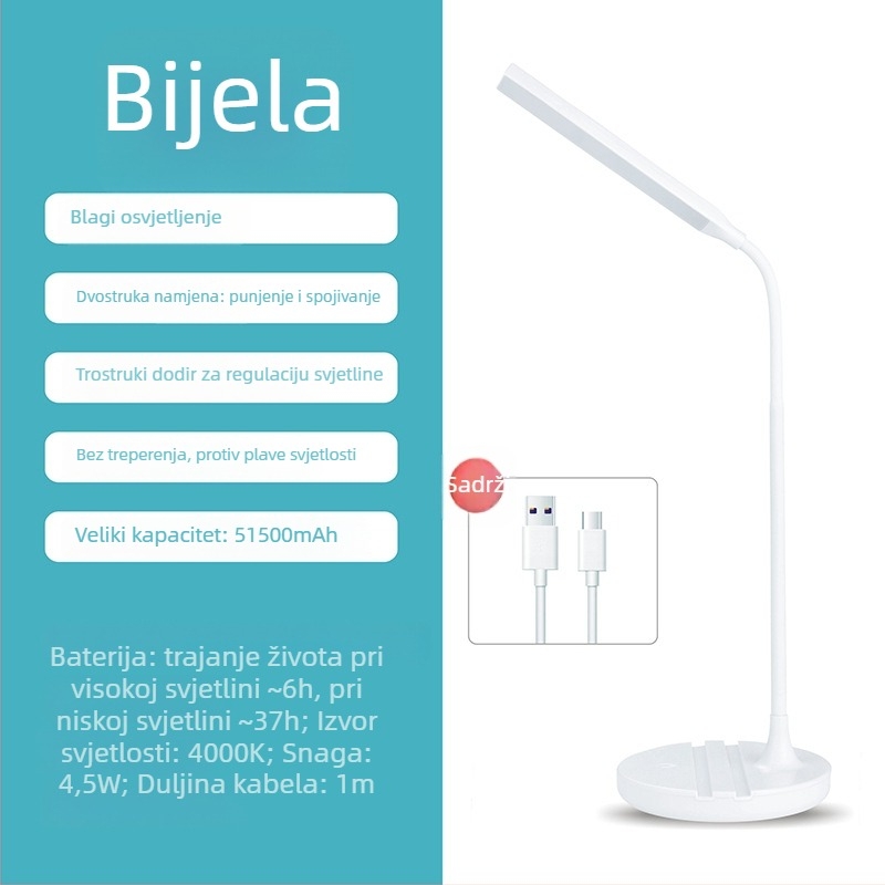 LED stolna lampa za zaštitu očiju s ugrađenom baterijom za punjenje i mogućnošću priključka, dodirni prekidač, CRI ≥90, LED izvor svjetla, osnovno osvjetljenje, Model TD-01