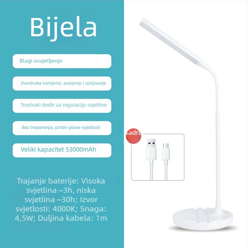 LED stolna lampa za zaštitu očiju s ugrađenom baterijom za punjenje i mogućnošću priključka, dodirni prekidač, CRI ≥90, LED izvor svjetla, osnovno osvjetljenje, Model TD-01