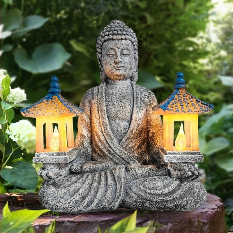 Buddha kip za vrt – ukras sa solarnom lampom, od smole, novi kineski stil