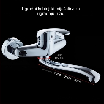 Skrovita kuhinjska slavina s dvostrukim upravljačima, zidna montaža, tijelo od cinkove legure, keramički ventil, model G6520, maksimalna temperatura 90°C
