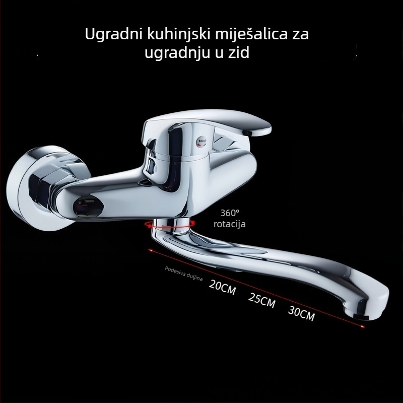 Skrovita kuhinjska slavina s dvostrukim upravljačima, zidna montaža, tijelo od cinkove legure, keramički ventil, model G6520, maksimalna temperatura 90°C
