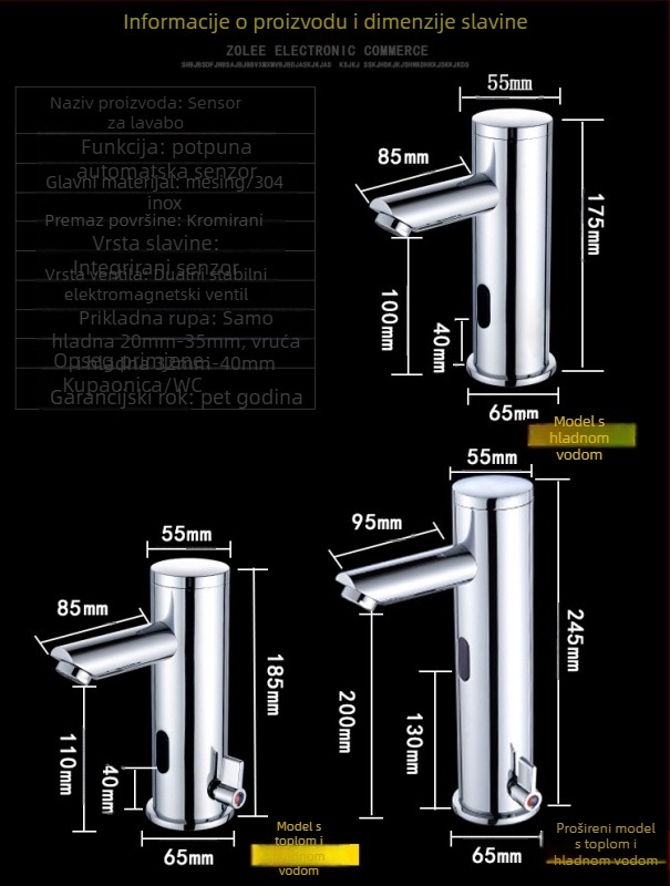 Indukcijska kupaonska slavina sa senzorom (bakreno tijelo; raspon radne temperature 0–90°C; promjer sjedišta ventila 65 mm; ulazno/izlazne spojnice 1/2", 9/16", 3/8")