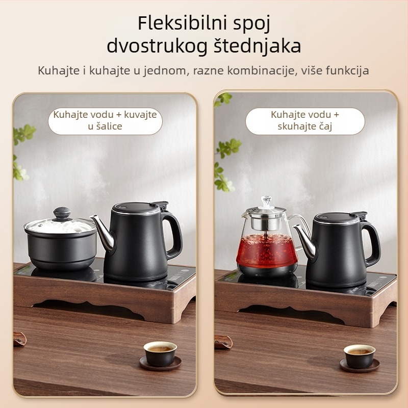 Električna ploča za čaj s integriranim čajnikom i vodnom pumpom – 2 indukcijska plamenika, kapacitet 1–2 L, dodirna kontrola, 1000–1500 W, 360° baza