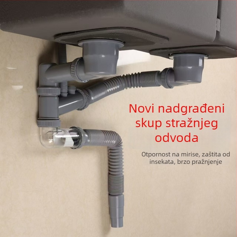 Kuhinjski set odvodne cijevi za sudoper – dvostruki odvod s protiv mirisa, ABS, povlačni tip