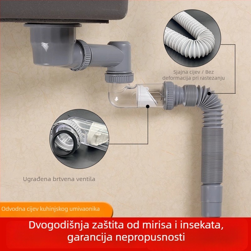 Kuhinjski set odvodne cijevi za sudoper – dvostruki odvod s protiv mirisa, ABS, povlačni tip
