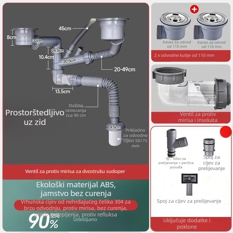 Set odvoda za kuhinjski sudoper: za jednobocni i dvobocni sudoper, cijev protiv mirisa, ABS materijal, model 907052021655, marka Mubin