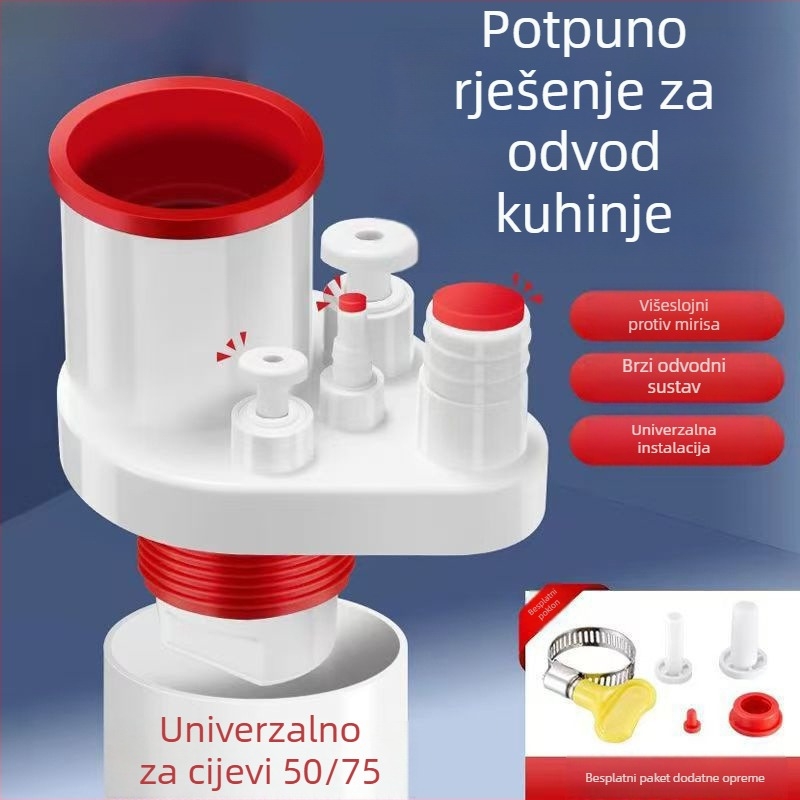 Kuhinjski odvodni spoj, ABS, protiv mirisa, protiv povratnog toka, brtvljenje, dvostruka glava