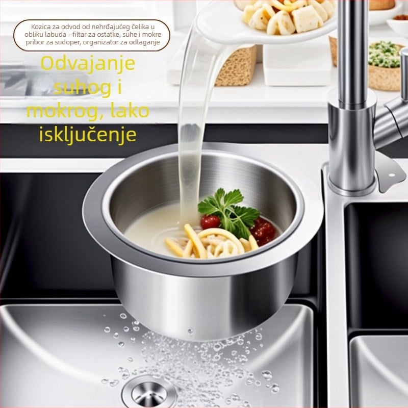 Posuda od nehrđajućeg čelika u obliku labuda s filtrom – višenamjenski stalak za sudoper za suhe i mokre ostatke