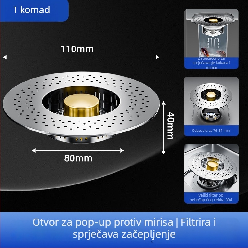 Nehrđajući čelični filter za sudoper s mehanizmom podizanja – univerzalni odvod, 150 g