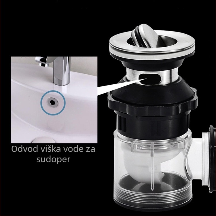 Integrirani odvod za umivaonik s Flip ventilom – sedmom oblikom dizajn, model V6556/V6557, materijal: čelik i plast, marka Vymus