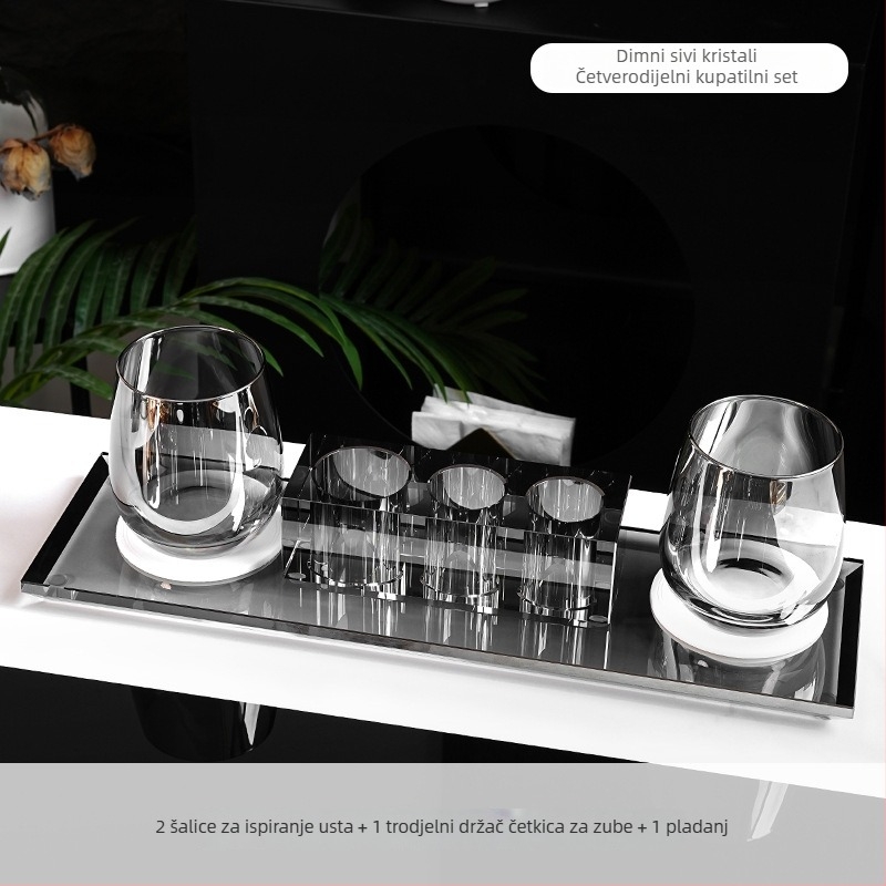 Set kupaonice od kristalnog stakla, svijetlog luksuznog stila, Microonica, uključuje držač za četkicu, pladanj, kutiju za vatu, posudicu za konac i čašu za ispiranje